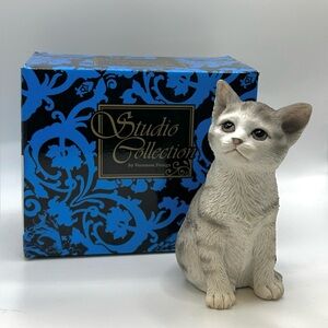 Sitting Feline Gray Tabby Cat Kitten Figurine With Realistic Eyes - Approx 4"